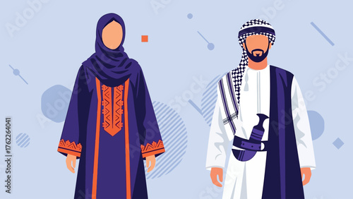 Omani Man and Woman in Formal Traditional Dress, Featuring Dishdasha and Abaya