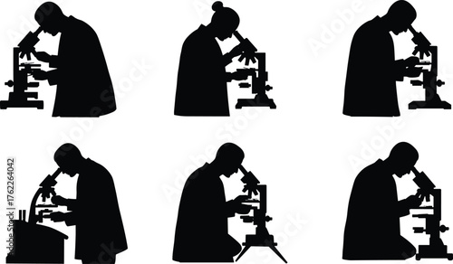 Scientist Silhouette Set Using Microscopes in Standing and Seated Lab Poses for Research, Observation, and Scientific Discovery