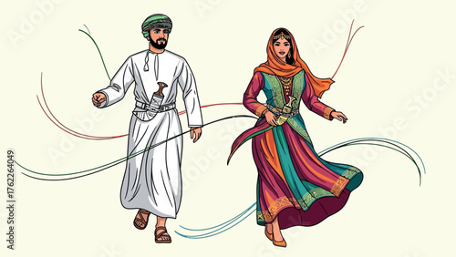 Omani Man and Woman in Traditional Dress Wearing Khandjar Dagger and Colorful Thobe