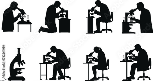 Microscope Silhouette Set Featuring Scientists in Various Lab Postures with Equipment for Research, Observation, and Scientific Discovery