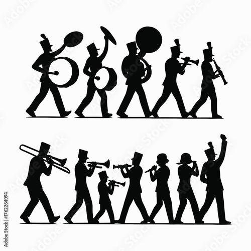 Silhouette illustrations of marching band musicians performing with instruments
