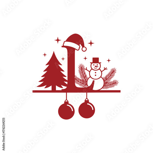 Festive Christmas Monogram Letter L with Snowman, Tree, and Ornaments