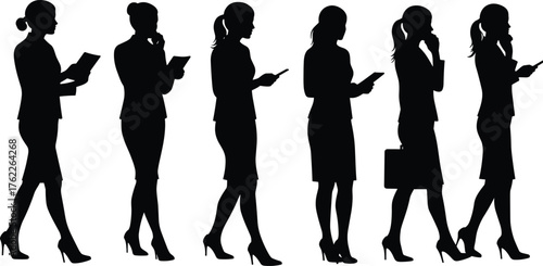 Businesswoman Silhouette Set Using Mobile Devices and Tablets in Professional Attire with Briefcases and Confident Standing Poses