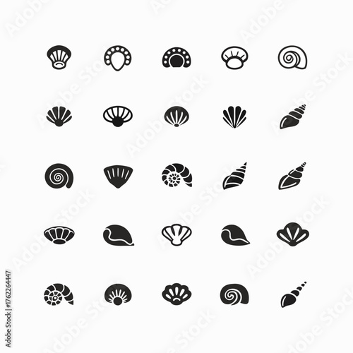 Collection of black and white silhouettes of various seashells and mollusks