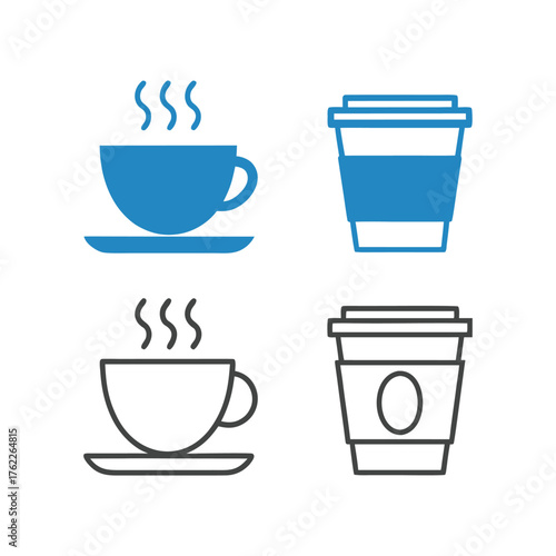 Set of four coffee cup icons including steaming and disposable cups