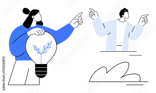 Foto Two characters gesturing in discussion, holding a lightbulb with a tree inside