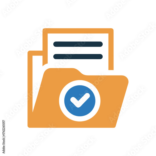 Orange folder with document and approved check mark icon