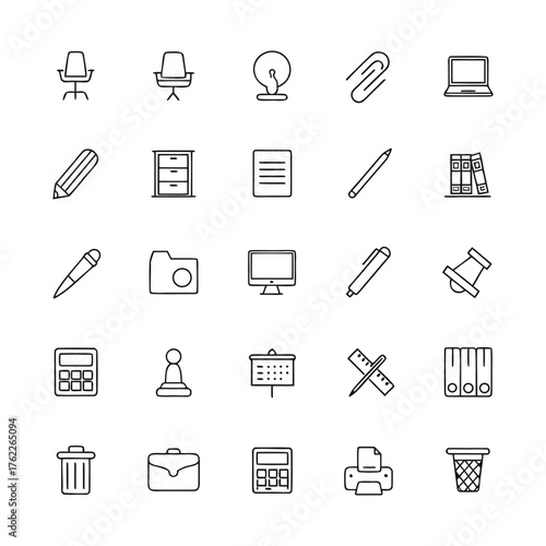 Collection of simple line art icons representing office supplies and equipment