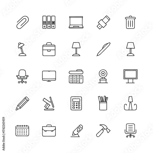 Collection of simple line art icons representing office supplies and equipment