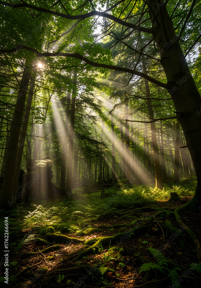 Fototapeta premium Sunbeams Filtering Through Dense Forest Canopy