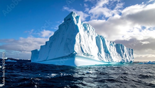 An enormous iceberg glides in the deep blue ocean under a bright blue sky with wispy clouds on a sunny day