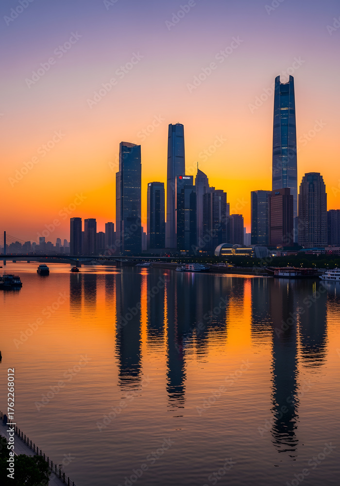 Naklejka premium Tianjin skyline reflecting in hai river during golden hour sunset