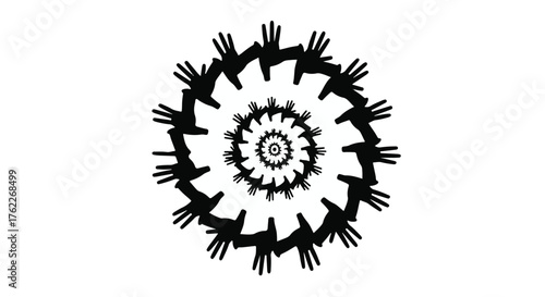 Abstract spiral pattern formed by repeating silhouettes of hands reaching outwards, suggesting connection and infinity.