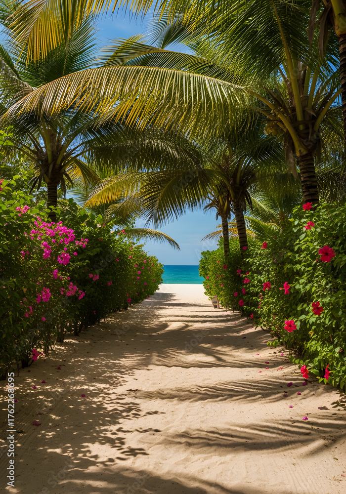 Fototapeta premium Sunlit Beach Path with Palm Shadows and Pink Flowers