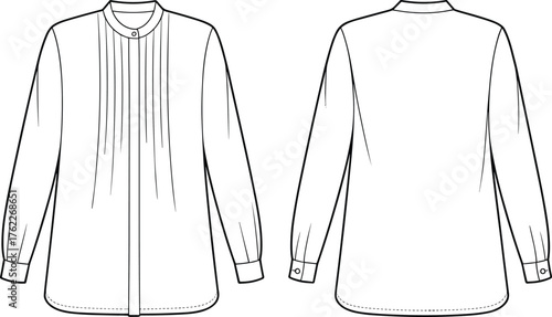 Technical Fashion Flat Sketch of a Long Sleeve Shirt Dress, Button-Front Midi Length with Point Collar and Tie Belt, Classic Apparel Vector Outline Drawing.