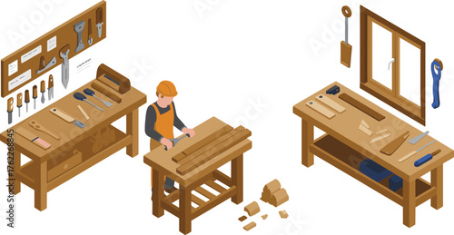 Isometric 3D illustration of a woodworking workshop with carpenter, tools, benches, saws, and wooden planks for craftsmanship design