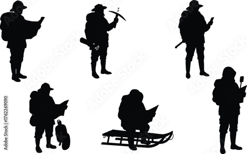 Cold Climate Explorer Silhouette Set with Maps, Rifles, Pickaxes, Sleds, and Survival Gear in Expedition and Discovery Poses