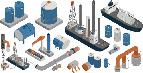Isometric 3D illustration of oil and gas industry equipment, storage tanks, pipelines, ships, drilling rigs, and refinery components design