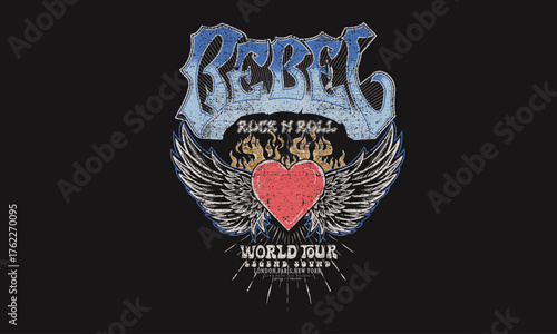 Eagle wing with fire heart graphic artwork. Music poster. Rock and roll tour t shirt print design. Rockstar vector artwork.
