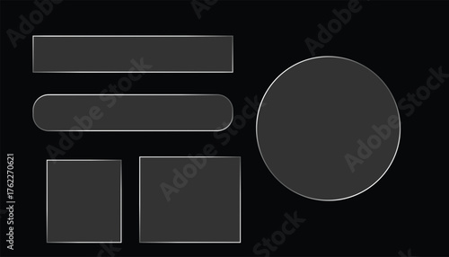 Light frame liquid glass, glass panel set for mobile and web app, tech board frame in futuristic style. HUD element interface, vector illustration. Light glass png banner collection with glow effect