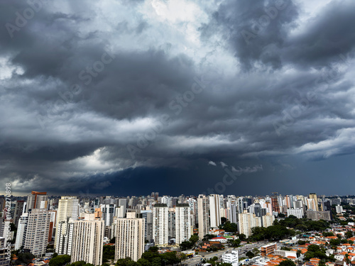 The storm is coming from the city. São Paulo City, Itaim Bibi District, Brazil.