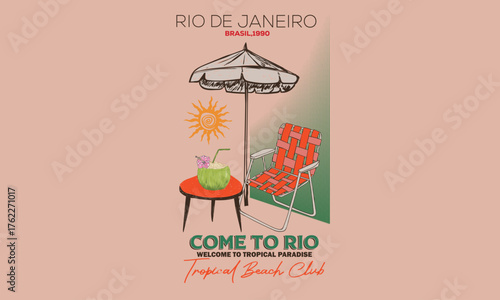 Tropical paradise. Coconut with chair. Summer paradise artwork. Summer vibes artwork. Copacabana beach art.	