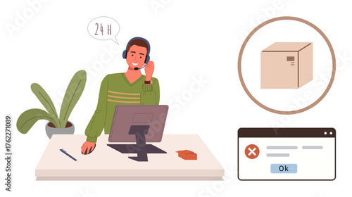 Customer support representative at desk wearing a headset. Dialog bubble shows 24H service. Package highlighted alongside browser error message. Ideal for logistics, assistance, service, delivery