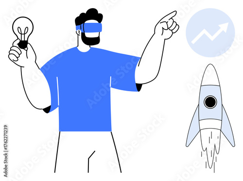 Person using AR glasses points to growth arrow while holding lightbulb. Rocket propels upwards symbolizing innovation, technology, startup success. Ideal for innovation, strategy, leadership