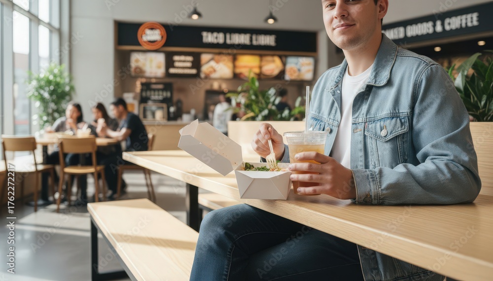 Fototapeta premium Young man enjoying takeout food and a drink in a modern fast-casual restaurant 