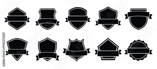 Shield ribbon icon vector. Black shield with ribbon icon silhouette.