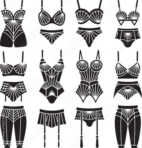 A large vector icon set of women's vintage apparel, including corsets, garter belts, and lingerie in a distinctive art deco style
