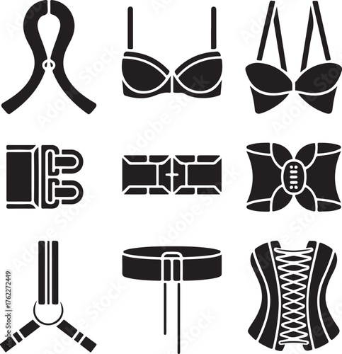 A vector glyph icon collection of various fashion accessories, such as a lace-up corset, bras, belts, buckles, and strap elements