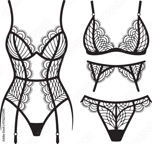 An elegant and detailed vector illustration of women's lace lingerie, featuring a bodysuit and a three-piece set with a bra and garter