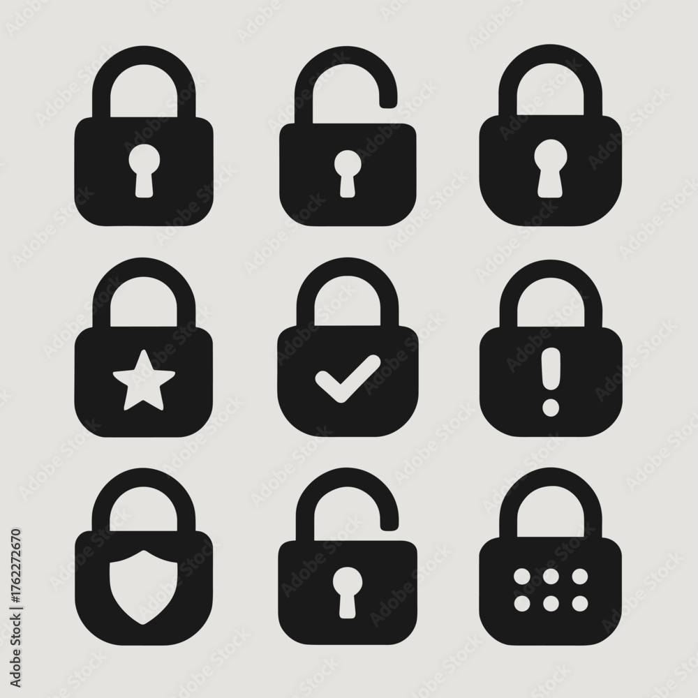 Set of security lock icons shown. Cyber security, data protection, privacy, technology safety. Vector icon.