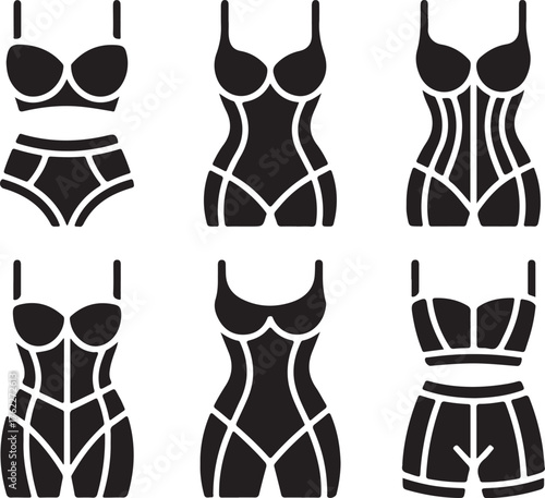 A vector icon set of various women's shapewear, including corsets, bodysuits, and high-waisted briefs for a slimming effect
