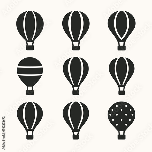 Collection of black hot air balloon and balloon icons on a white background. Vector icon. 