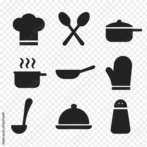 Cooking tools and utensils displayed in a minimalist style featuring essential kitchen equipment for chefs and home cooks. Vector icon.