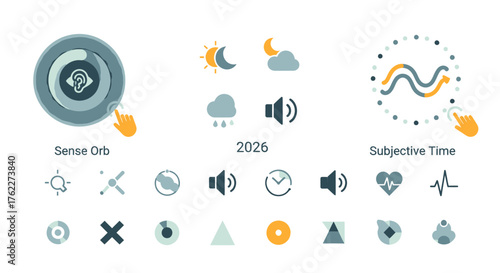 Futuristic flat vector icon pack for modern UI/UX design, featuring concepts of time, weather, sound, health, and sensory perception for advanced digital interfaces