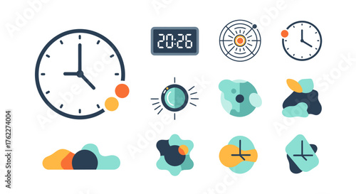 Digital and Analog Clock Icons for Timekeeping and Scheduling, Featuring Futuristic and Abstract Designs