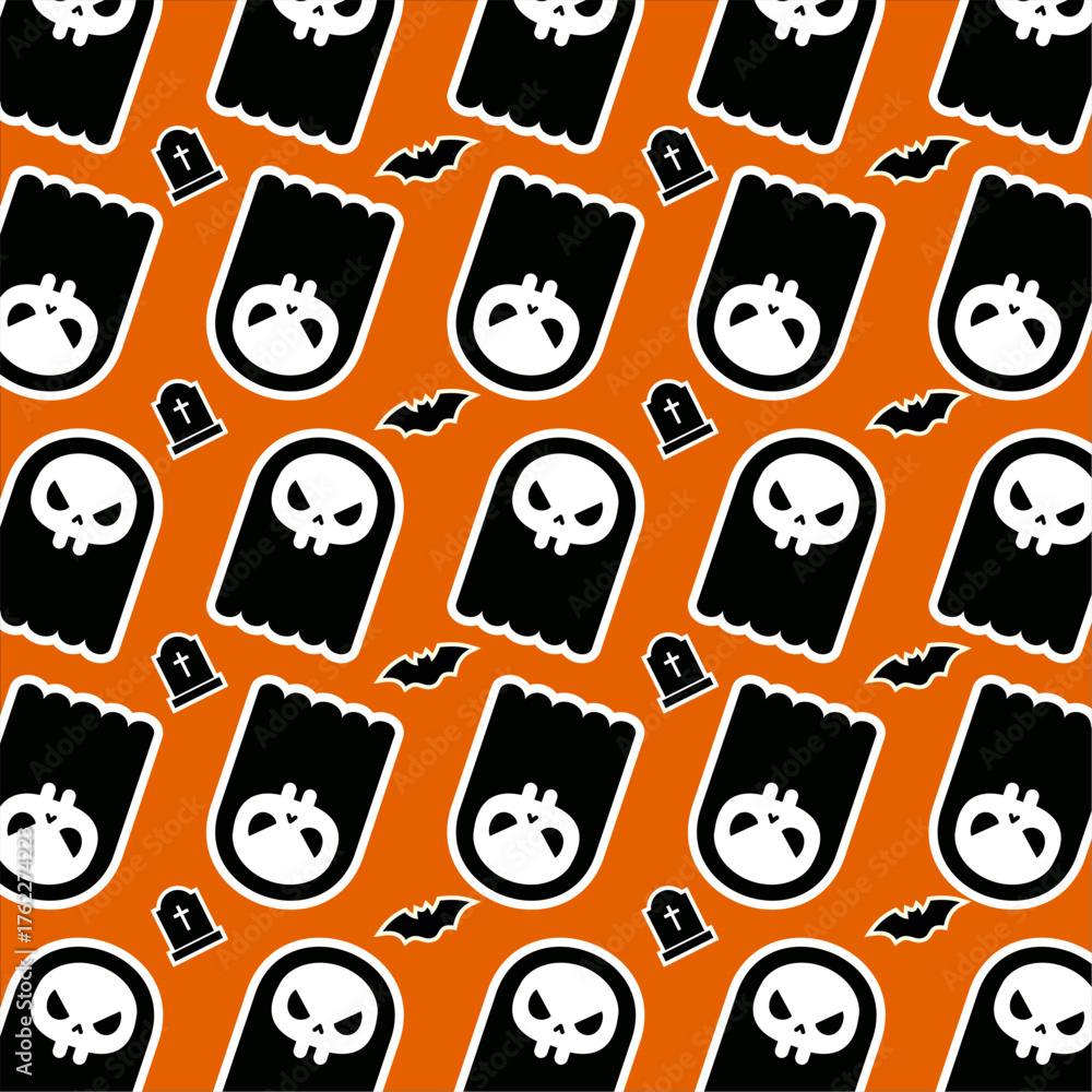 Fototapeta premium Spooky Halloween Pattern with Ghosts, Bats, and Tombstones