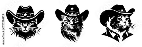 Cowboy Cat Trio: Western Feline Portraits in Black and White.