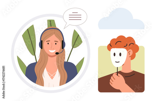 Smiling woman wearing a headset in conversation, adjacent man holding mask symbolizing dual identity. Ideal for communication, customer service, identity, anonymity, psychology, virtual work