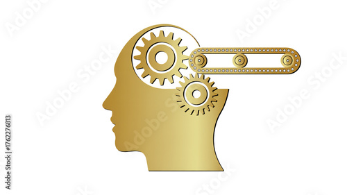Golden head silhouette with intricate gears and chain symbolizing innovation, intellect, and mechanical thought processes for business and technology concepts.