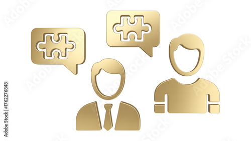 Golden icons depict business people collaborating and solving problems together, symbolizing teamwork and idea generation for professional success.