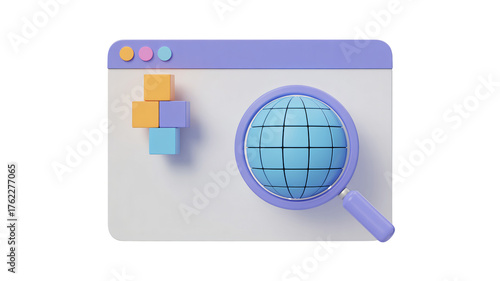 Modern digital search concept with magnifying glass examining globe and building blocks for website design and data analysis