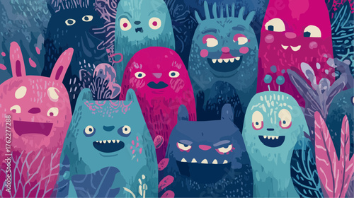 Cute colorful monsters with playful expressions in a dark underwater scene. Ideal for children’s products, nursery decor, or printable party materials