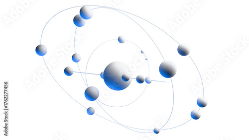 An abstract model of an atom or stellar system with a central object (the nucleus of an atom/star) and secondary objects (electrons/planets) with orbits. A model of a planet with satellites and orbits