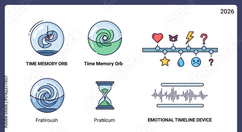 Modern flat vector icon pack for time recall interface and emotional timeline tracking, featuring memory wave orbs and minimalist design elements