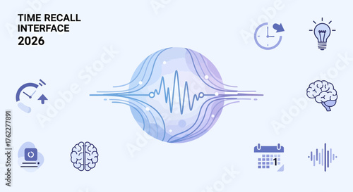 Futuristic flat vector icon pack illustrating a time memory orb and emotional timeline device, offering clean vector graphics for advanced digital interface concepts
