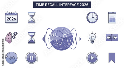 Flat vector icon pack for 2026 time recall interface, featuring a memory wave orb and clean minimalist design for cognitive data management